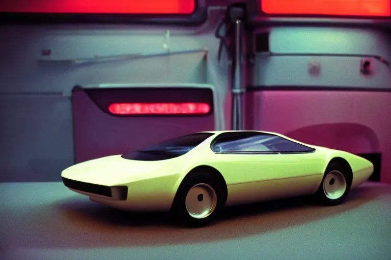 Prompt: designed by Giorgetto Giugiaro stylized poser of a single car, thick neon lights, ektachrome photograph, volumetric lighting, f8 aperture, cinematic Eastman 5384 film