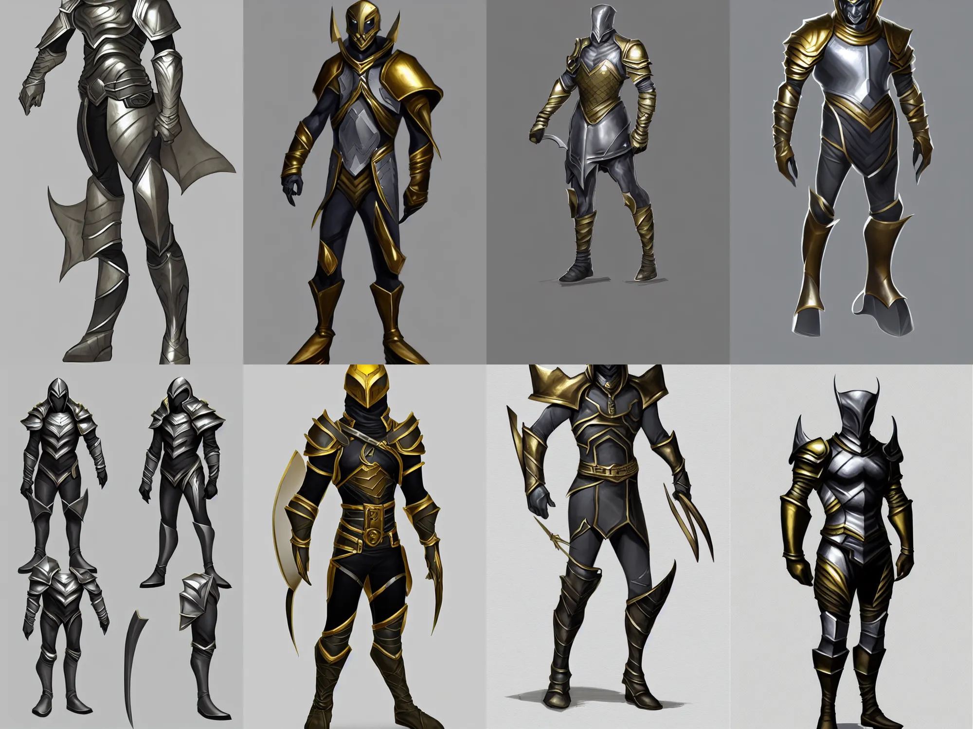 Prompt: nimble male rogue armor, big shoulders, concept sketch, silver with gold trim, extremely polished, heavy exaggerated proportions, flat shading, smooth, uncluttered, extremely clean, fantasy character portrait, professional concept art, orthographic front view, A-pose, full body