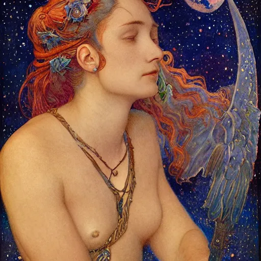 Image similar to queen of the moon with stars in her hair, by annie swynnerton and tino rodriguez and nicholas roerich and jean delville and donato giancola, dramatic lighting, floral tattoos, rich colors, smooth sharp focus, extremely detailed, adolf wolfli