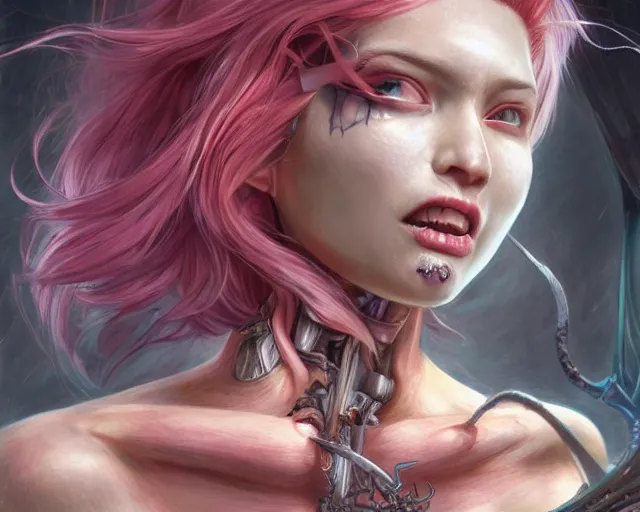 Prompt: Death is swallowed up in victory, very detailed and beautiful face, pink hair, screaming, mechanical butterfly, artwork by artgerm, centered shot, wide angle, full body, Elfpunk, mythpunk, DD, fantasy, highly detailed, digital painting, artstation, smooth, sharp focus, art by thomas kinkade and H.R. Giger and Kevin Swartz