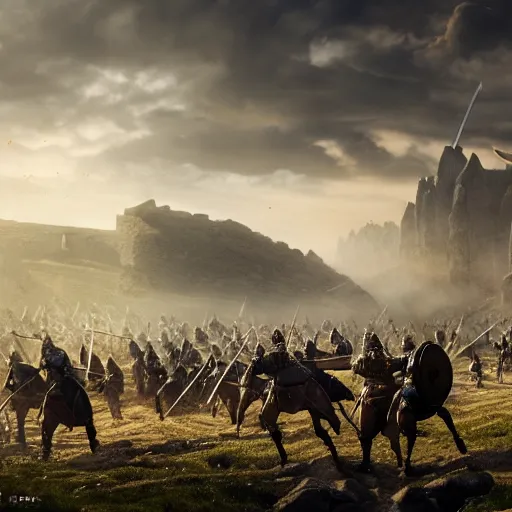 Prompt: medieval battle, with medieval fantasy soliders, vikings, saxons, knights, crusaders, lord of the rings, cgsociety, realistic, golden ratio, octane render, rule of thirds, wide shot, 8 k resolution, epic volumetric light, cinematography, concept art, artstation trending, environments, fantasy