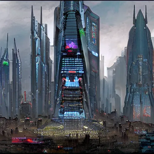 Image similar to scary headquarters for evil cyberpunk megacorporation