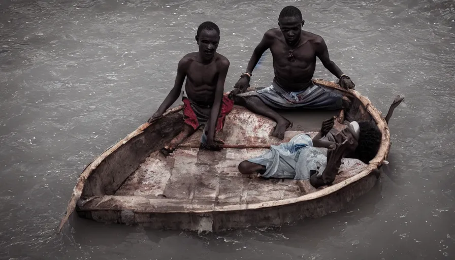 Image similar to movie still by djibril diop mambety of a man in a barque made of flesh on a blood river, leica sl 2, heavy grain, high quality, high detail, color