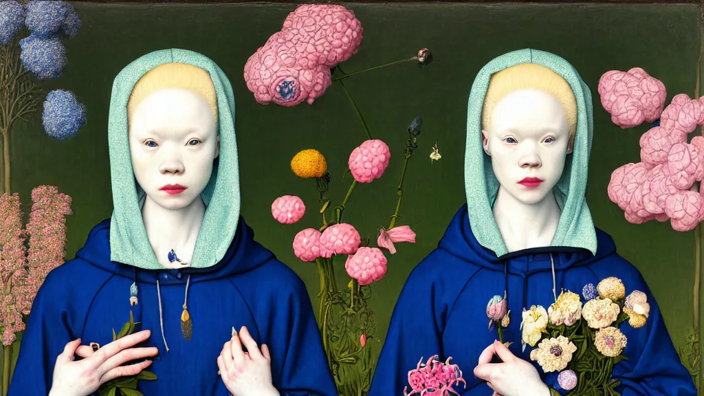 Image similar to portrait of a woman with albinism, wearing a neon blue hoodie, standing in a botanical garden full of flowers, intricate details, high detail, in the style of rogier van der weyden and jacopo da pontormo, by mark ryden, punk, asian art,