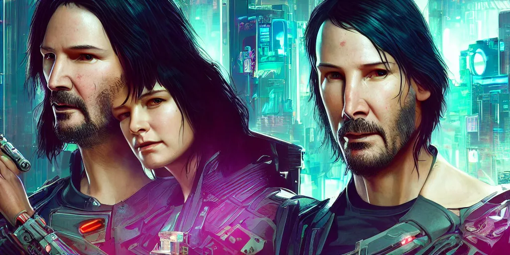 Image similar to a cyberpunk 2077 srcreenshot couple portrait of Keanu Reeves and a female android final kissed in night city,love,film lighting,by Lawrence Alma-Tadema,Andrei Riabovitchev,Laurie Greasley,Dan Mumford,John Wick,Speed,Replicas,artstation,deviantart,FAN ART,full of color,Digital painting,face enhance,highly detailed,8K,octane,golden ratio,cinematic lighting