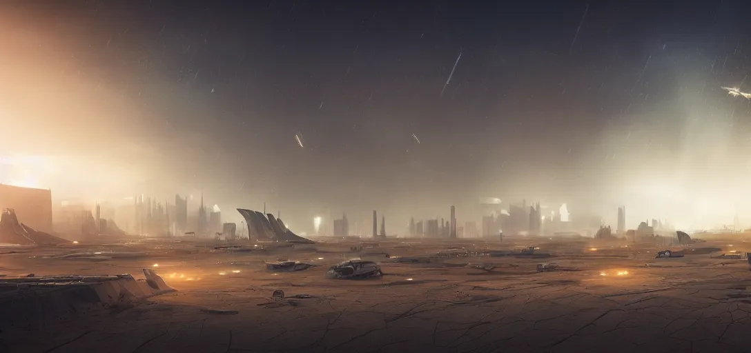 Image similar to view from the desert ground fire night stars of futuristic abandonded sparse mechanical blade runner cyberpunk architecture, light rays, symmetry, cinematic lighting, ultra detailed, sharp, ambient occlusion, bloom, raytracing, by greg rutowski, paul chadeisson and jessica rossier