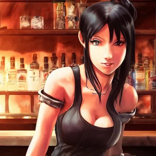 Prompt: high quality concept art of tifa lockhart working in her bar, detailed, trending on artstation