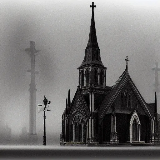 Image similar to victorian church in the middle of the city, dark, misty, at night, 8 k, detailed, concept art, trending on artstation