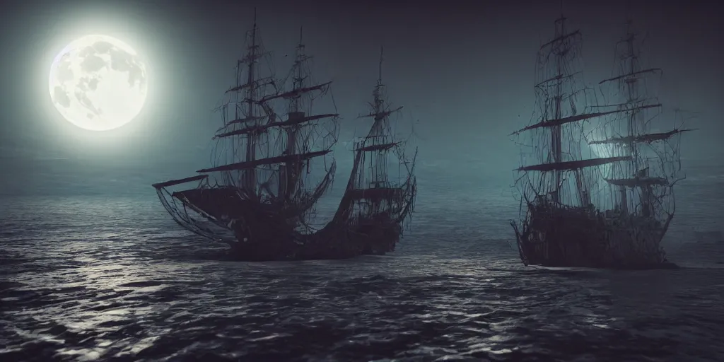 Prompt: ethereal ghost pirate ship at open sea at night, full moon behind it, 3 d art, octane render, 6 k, unreal engine, horror movie