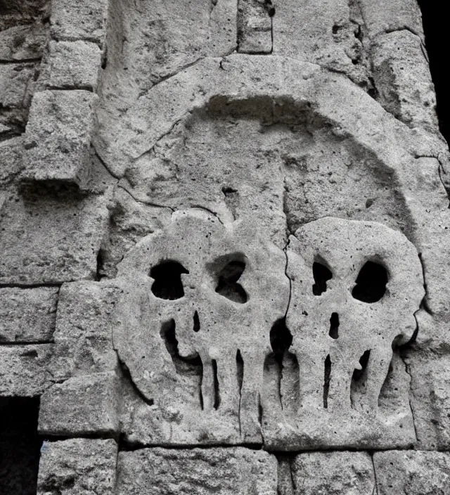 Image similar to punisher symbol carved deeply into stone edifice in the ancient ruins with luminous smoke and light rays.