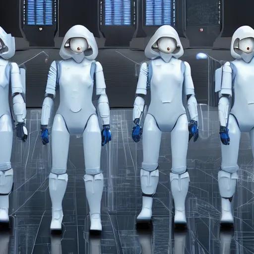 Prompt: troop of grannies with white bob hairdos, tight light blue neopren battle suits, futuristic cloning facility, sci - fi, highly detailed, cinematic