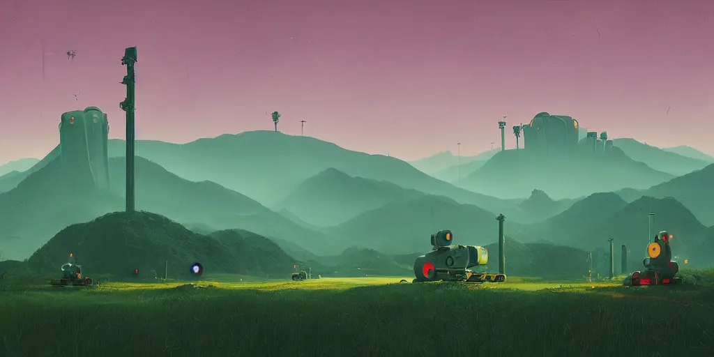 Image similar to green mountains with robots in the middle, by simon stalenhag