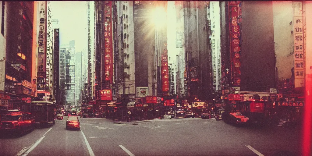 Prompt: analog vintage photography portrait polaroid of a hongkong city street, drone footage, lensflare, red color bleed, heavy film grain, bloom, glow