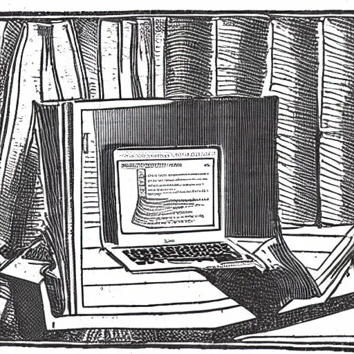 Prompt: advertisement for a laptop computer featuring diagrams and descriptions, medieval illustration, highly detailed historical page