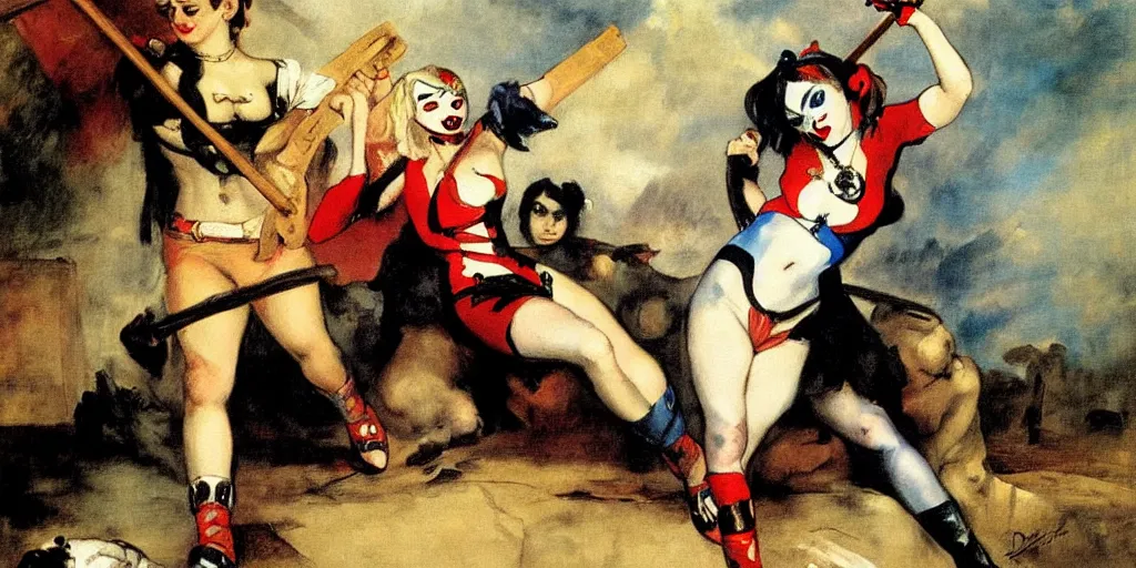 Prompt: harley quinn in the swing painting by eugene delacroix