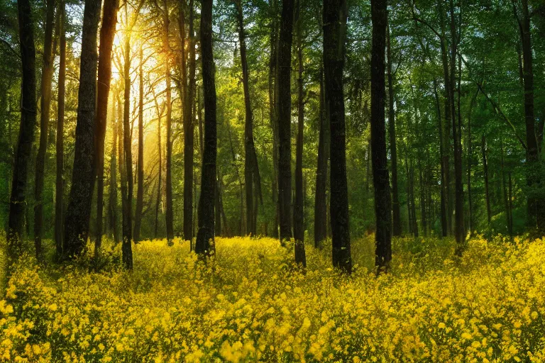 Prompt: A beautiful hyper realistic detailed photo of the inside deep forest with high trees and yellow buttercup flowers, light sieving through the trees, dynamic lighting