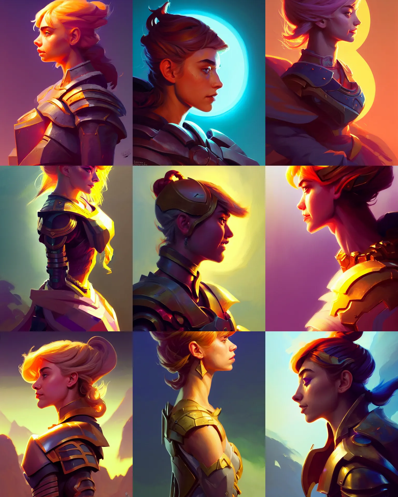 Prompt: side - profile painted portrait of imogen poots as a paladin, bright backlit, key lighting, smooth, gaudy colors, octane render aesthetic, dota matte painting concept art, official fanart behance hd artstation by jesper ejsing, by rhads and lois van baarle and ilya kuvshinov and rossdraws