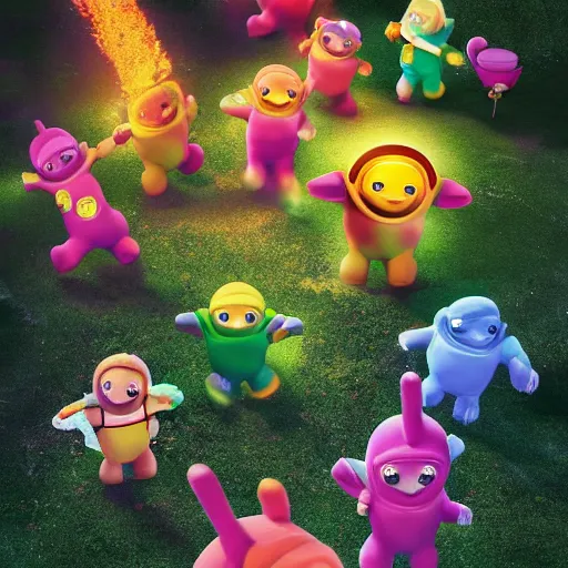 Image similar to teletubbies on a destructive rampage. people flee them in fear. 8 k. epic digital art. trending on artstation. trending on deviantart.