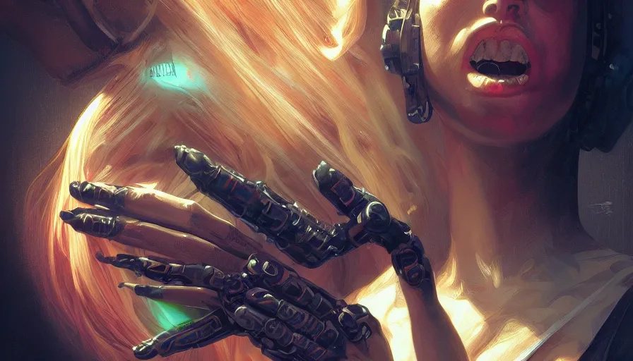 Image similar to alterd carbon, no mouth, scream, cyberpunk angry gorgeous goddess, , cigar, neon, fibonacci, sweat drops, insane, intricate, highly detailed, digital painting, artstation, concept art, smooth, sharp focus, illustration, Unreal Engine 5, 8K, art by artgerm and greg rutkowski and alphonse mucha