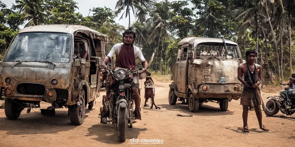 Prompt: sri lankan mad max style, tuk tuk, film still, epic shot cinematography, rule of thirds