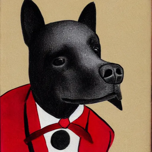 Prompt: portrait of a dog wearing a suit and a top hat and a monocle on one eye, hand drawing, red and black colors