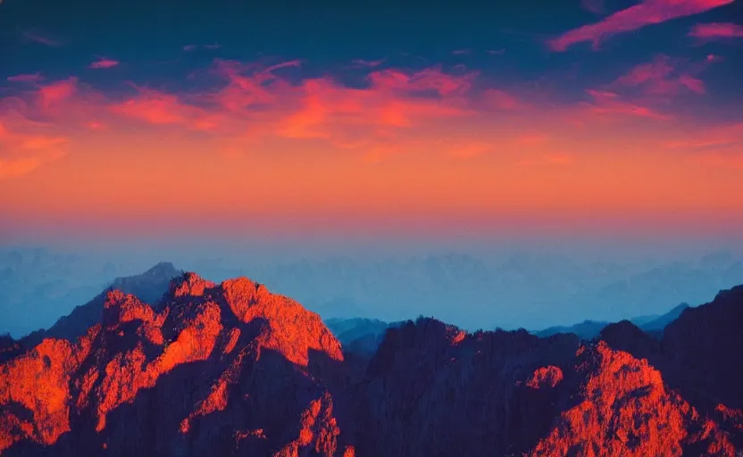 Image similar to beautiful mountain landscape, vaporwave, sunset