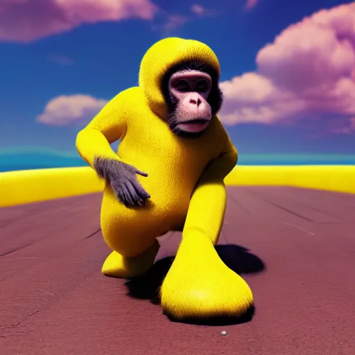 Prompt: digital art of a monkey in a banana costume, 8 k render, octane render, saturated