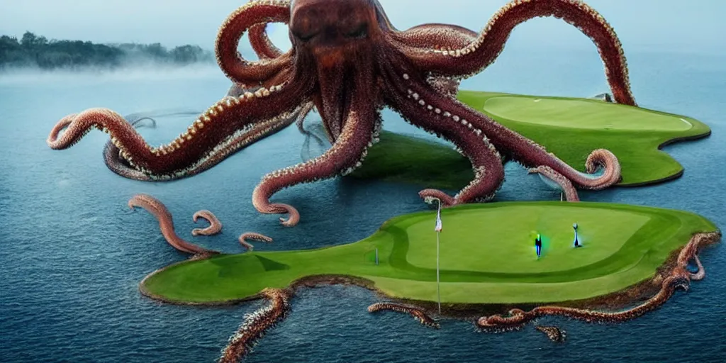 Image similar to a great photograph of the most amazing golf hole in the world, surrounded by water, giant octopus, ambient light, golf digest, top 1 0 0, fog