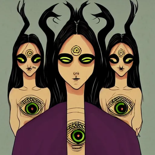 Image similar to three eyed goddesses, third eyes middle of foreheads, very wide wide shot, very hairy bodies, beautiful colors, eyes in forehead, beautiful lighting, detailed photographs