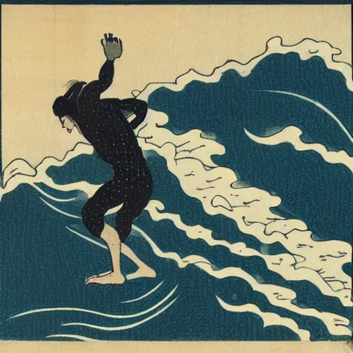 Image similar to man surfing, woodblock print, style of hokusai, fine art, style of kanagawa, painting