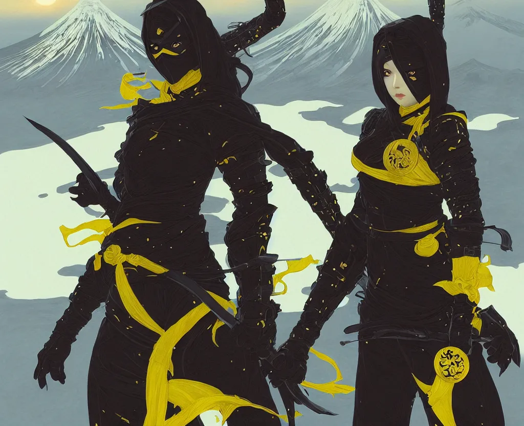 Image similar to portrait ninja gaiden girl, black plus little yellow ninja wardrobe, at snowy fuji mountain sunrise, ssci - fi and fantasy, intricate and very very beautiful, detailed, digital painting, artstation, concept art, smooth and sharp focus, illustration, art by tian zi and wlop and alphonse mucha