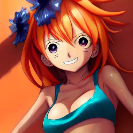 Prompt: anime portrait of Nami from One Piece as an anime girl, cute smile, orange bikini, by Stanley Artgerm Lau, WLOP, Rossdraws, James Jean, Andrei Riabovitchev, Marc Simonetti, and Sakimichan, trending on artstation