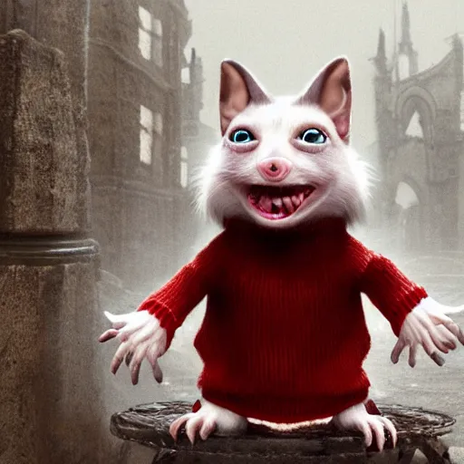 Prompt: stuart little as a monstrous dark souls boss, wearing a red sweater and his fur is white, artstation, visually grotesque, unreal engine 2, style of asylum demon, forked tongue