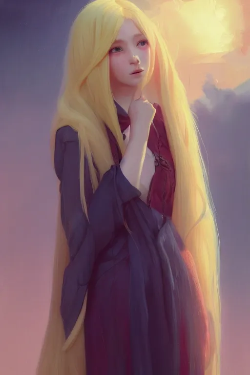 Prompt: girl wizard with long yellow hair wearing a dress, character art, by artgerm, by jeremy lipking, by greg rutkowski, anime style, digital art, fantasy art, octane render, drawing, beautiful girl, highly detailed face