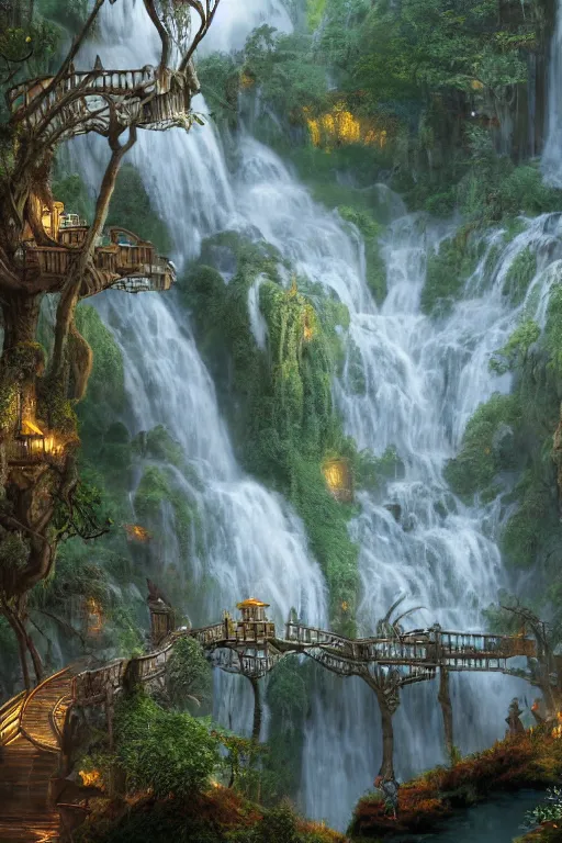 Image similar to wooden elven City with golden roofs, arches and bridges on top of a WATERFALL in the fall, gnarly trees, lush vegetation, forrest, a small stream runs beneath the waterfall, landscape, raphael lacoste, eddie mendoza, alex ross, john howe, concept art, matte painting, highly detailed, rule of thirds, dynamic lighting, cinematic, detailed, denoised, centerd, clean render