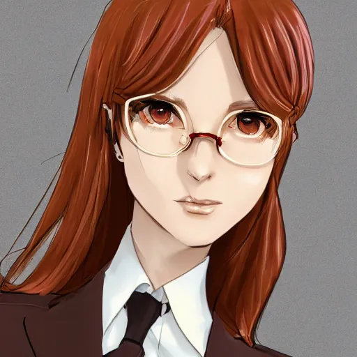 Image similar to woman in business suit, brown neat hair, animesque, pixiv, fanbox, trending on artstation, portrait, modern, sleek, highly detailed, formal, serious, determined, competent, colorized, smooth, charming, pretty, safe for work, big gooba