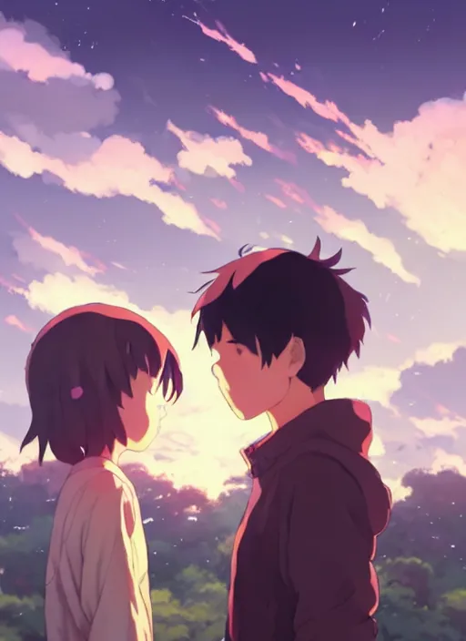 Image similar to boy and a girl in jk, standing back to back in under sky, small fire flames, illustration concept art anime key visual trending pixiv fanbox by wlop and greg rutkowski and makoto shinkai and studio ghibli