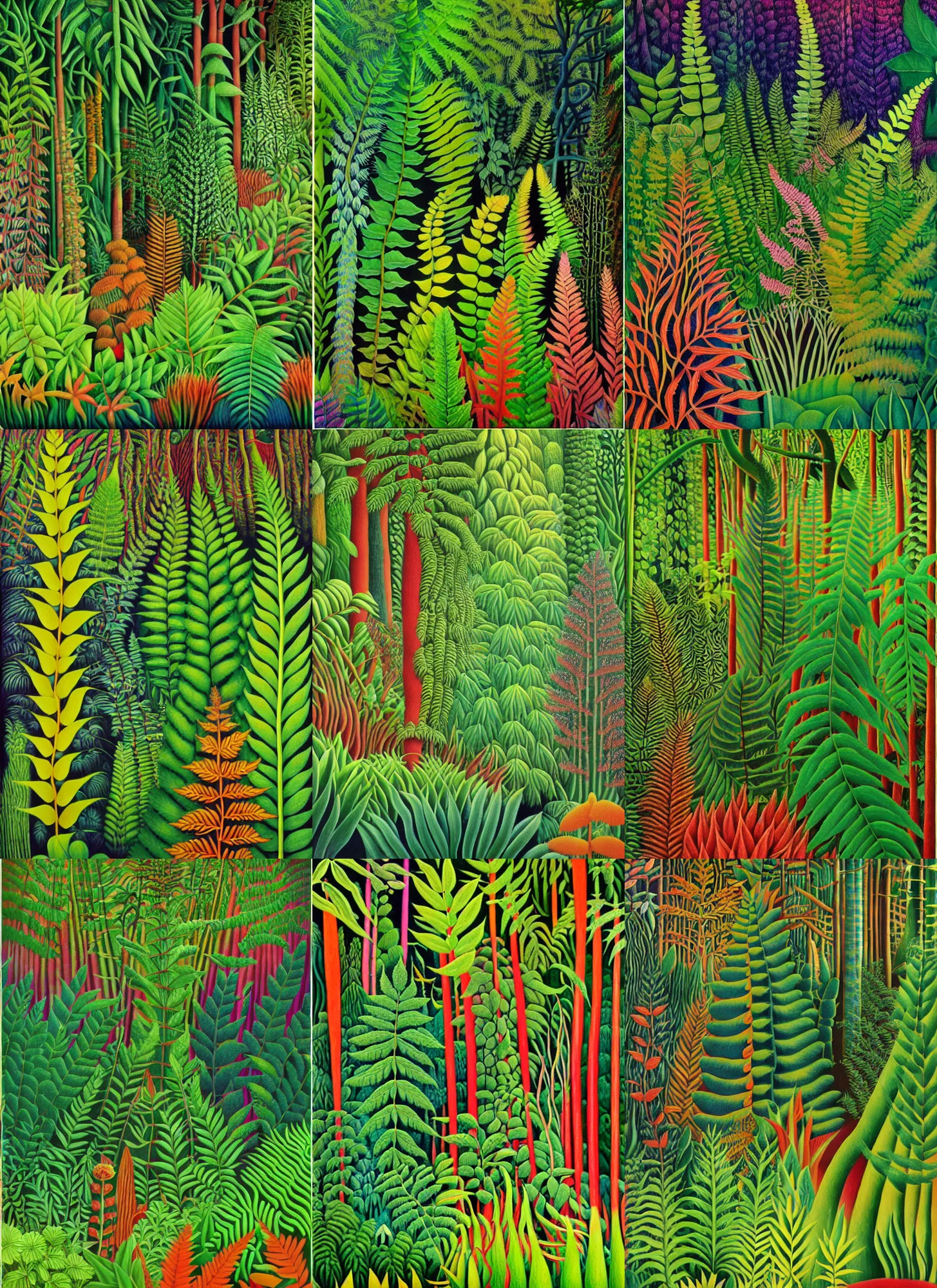 Prompt: psychedelic fern forest by henri rousseau, 4 k, detailed, acid pixie