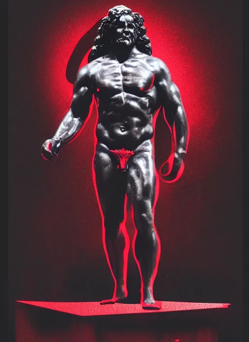 Image similar to dark design poster showing a statue of hercules, black background with very subtle red and purple design elements, powerful, nekro, vito acconci, graphic design, collage art, subtle thin lines, dark, glitch art, neo vaporwave, gritty, layout frame, square, trending on artstation