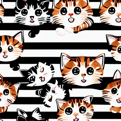 Prompt: seamless looping design of cute kittens on striped white and black background