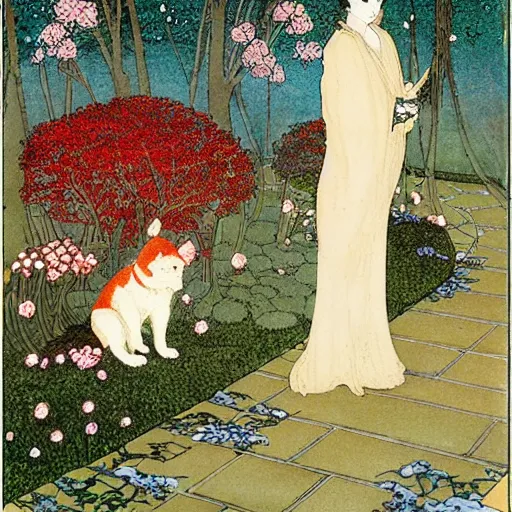 Image similar to a red akita inu in a moonlit palace garden, by warwick goble and kay nielsen