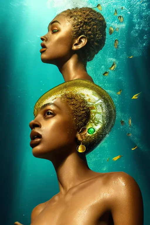 Prompt: hyperrealistic precisionist cinematic half underwater scene with fish and algae, very expressive! translucent elegant african goddess emerging from water, full body, gold jewerly, highly detailed face, digital art masterpiece, aykut aydogdu zener, dramatic volumetric light, long shot, low angle uhd 8 k, sharp focus