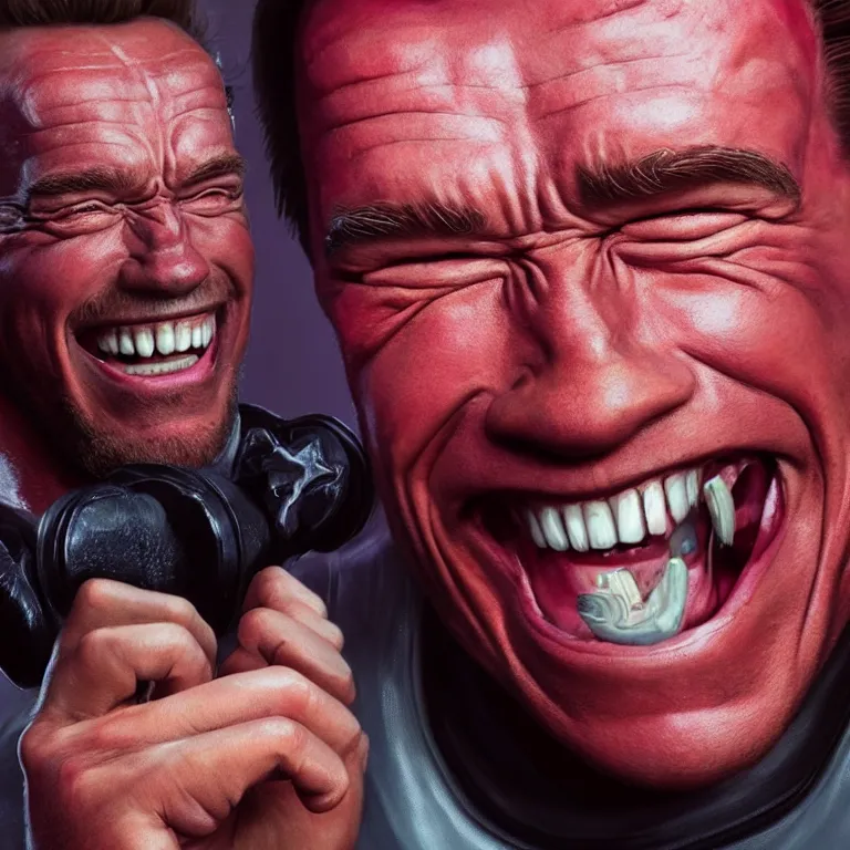 Prompt: Portrait of Arnold Schwarzenegger laughing hysterically with crazy eyes, hyperrealistic, concept art, illustration, 8k, cinematic, digital painting, very detailed, volumetric lighting, artstation, octane render