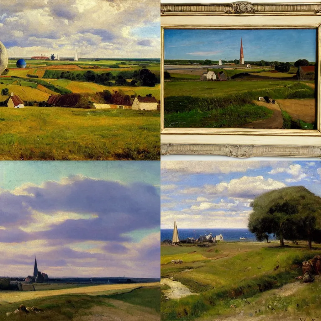 Prompt: A beautiful landscape of rural Denmark on a summer day painted by P.S. Krøyer. The starwars death star is visible on the horizon.