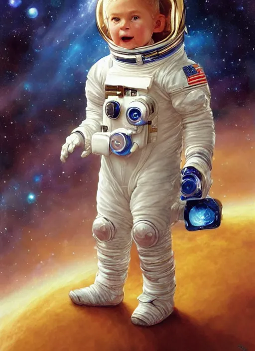 Prompt: a cute little boy with short blonde hair and blue eyes as an astronait wearing a space suit in space, beautiful fantasy painting by artgerm and greg rutkowski and alphonse mucha