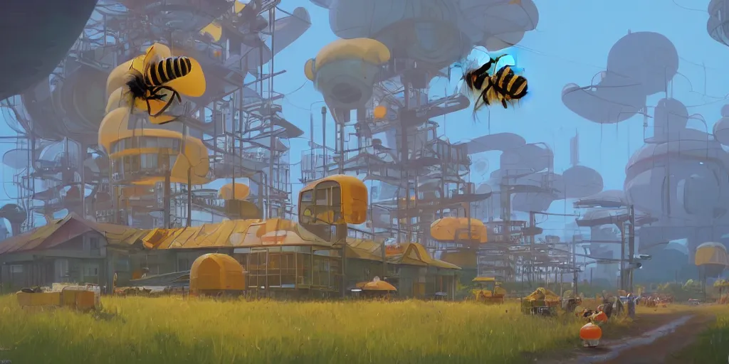 Image similar to honey bee world and hives by Goro Fujita and Simon Stalenhag , 8k, trending on artstation, hyper detailed, cinematic