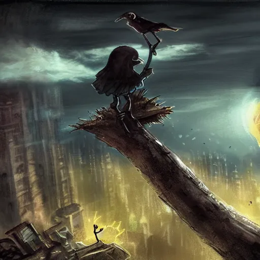 Prompt: a tiny gloomy reaper sitting on a tree log, holding its scythe and watches a little happy bird flying around a extrem destroyed fallout city with extrem radioactive aspects, by aleksandra waliszewska and aoi ogata, dystopian concept horror art