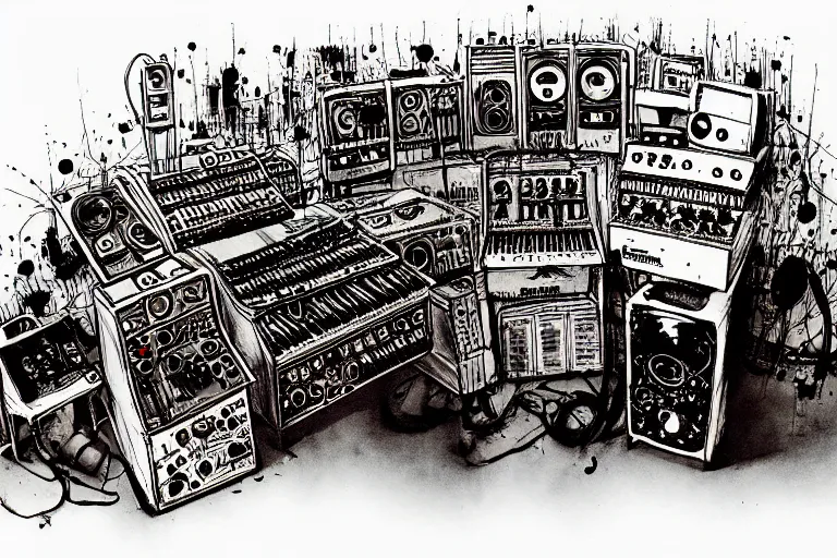 Image similar to synthesizer from hell by ralph steadman