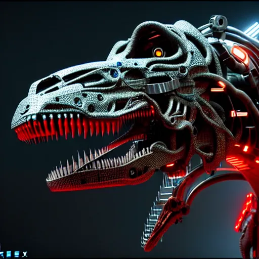 Image similar to Cyberpunk cyborg t-rex in a lab, extended robotic arms, Photorealistic, 3D, octane render, 8K, as coherent as Dall-E 2