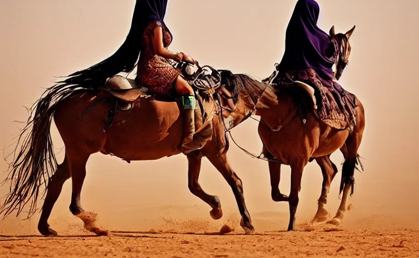 Image similar to beautiful burqa's woman, riding a horse!!! in saharan, sharp eyes, perfect dynamic posture, dust, cinematic, perfect dynamic pose, pinterest,, very perfect position, award winning photo by national geographic